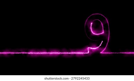 This visual a vivid, glowing neon magenta number nine set against a pitch-black background. A horizontal line of light, appearing like a continuous electrical current or a laser beam, runs across the frame, connecting to the base of the digit. The light has a soft, diffused creating a hazy aura around the magenta lines. The stark contrast between the magenta illumination and the dark environment emphasizes the digital, high-tech nature of the visual