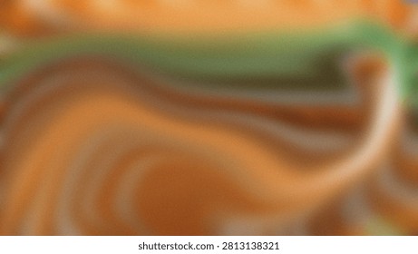This visually compelling abstract background presents a harmonious fusion of warm, sun-kissed orange and deep, earthy emerald hues, intricately woven together with a pervasive, soft grainy texture. The colors transition gracefully, creating a dynamic, undulating flow across the entire canvas, evoking a sense of gentle movement and serene fluidity. Subtle light plays across the surface, highlighting the finely diffused details and the soft, organic curves that seem to whisper across the image. The composition is characterized by its hazy, dreamlike quality, where the primary tones of peach, amber, and forest green blend seamlessly into one another without harsh lines, contributing to a tranquil and atmospheric aesthetic. This digital artwork captures the essence of a serene landscape or a natural phenomenon, distilled into an abstract form, suitable for a wide range of creative projects requiring a distinctive, textured backdrop with an emotionally resonant color palette. The interplay of warm and cool tones provides a balanced visual appeal, making it versatile for design applications from web interfaces to print media, adding depth and a sophisticated, contemporary feel to any visual narrative. The subtle noise within the grain adds an authentic, tactile dimension, enhancing its overall artistic impression. It's a modern and unique piece, perfect for conveying themes of nature, fluidity, or soft transitions.
