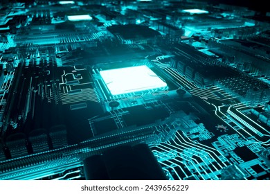 This visually striking image captures an advanced circuit board's complexity and glow, symbolizing the pinnacle of modern electronic design and innovation in a dark ambiance.