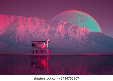 This visually striking rendition captures a Mars rover on an alien terrain, under the vast expanse of a looming moon, highlighting the isolation and potential discoveries of space exploration.