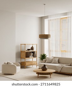 This warm interior features soft fabrics, natural wooden textures, and gentle daylight with an airy layout, providing natural copy space and a calm, harmonious atmosphere 3D illustration