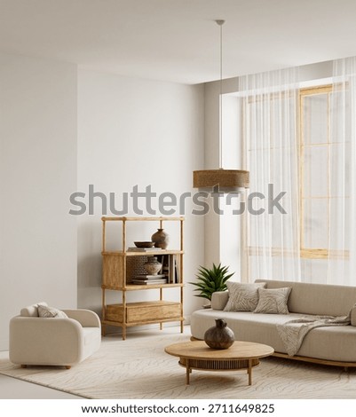 This warm interior features soft fabrics, natural wooden textures, and gentle daylight with an airy layout, providing natural copy space and a calm, harmonious atmosphere 3D illustration