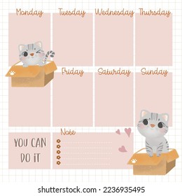 This is a weekly planner. You can use it for planner, organization, making a to do list, schedule. This is a little cat with a sweet pink pastel color. - Powered by Shutterstock