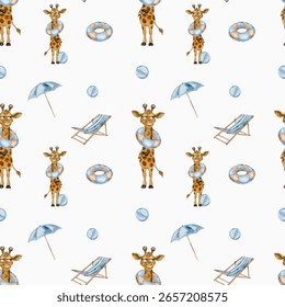 This whimsical pattern includes giraffes wearing flotation rings, beach balls, and umbrellas against a white background.
