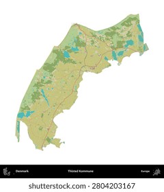 Thisted Kommune. Administrative area of Denmark isolated on white on a Topographic Humanitarian style map