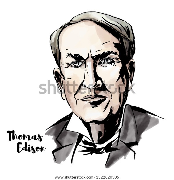 Thomas Edison Watercolor Portrait Ink Contours Stock Illustration ...