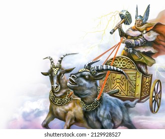 Thor's Chariot, Norse mythology, As, god of thunder and lightning, warrior of Asgard, goats Tangniostr and Tangrisnir, illustration, isolated image on white background