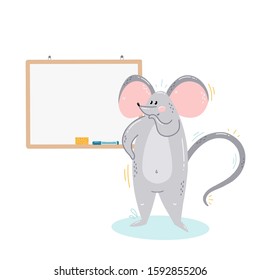 A thoughtful gray mouse stands in front of the clipboard. Mouse stands in front of an empty board