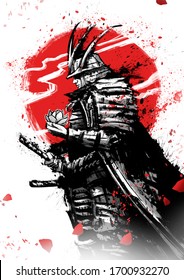 A thoughtful samurai in armor and helmet, with a Lotus flower in his hand, stands in profile against the red sun. 2D illustration