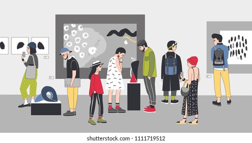 Thoughtful visitors of contemporary art gallery viewing exhibits. Pensive people dressed in stylish clothing looking at paintings and sculptures at exhibition. Colorful cartoon illustration - Powered by Shutterstock