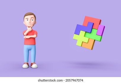 Thoughtful Young Kid 3D Cartoon Character and Colorful Blocks Combined on Purple Background 3D Illustration