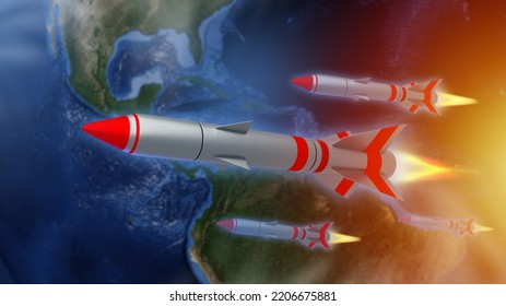 Threat Nuclear War. Missiles Fly Over Earth. Military Nuclear Aggression. Air Defense. Launching Missiles Into Space. Several Nuclear Missiles Over Planet. 3d Image Planet Earth