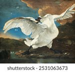 Threatened swan (1650) by Jan Asselijn. Vintage swan bird art drawing, art print, old illustration, swan bird painting.