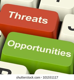 Threats And Opportunities Computer Keys Showing Business Risks Or Improvements