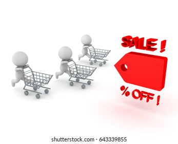 Three 3D Characters running and pushing shopping cart towards price cut tag. Image conveying sales promotion.