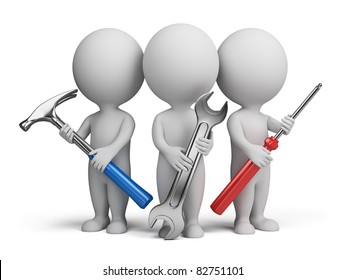 Three 3d people with the tools in the hands of. 3d image. Isolated white background.