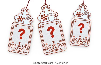 Three 3d Rendered Shopping Christmas Cards With Question Sign Isolated On White Background 