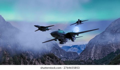 Three 3d rendering aircraft jets fly low over a misty BC Canada mountain valley beneath aurora and moonlight.