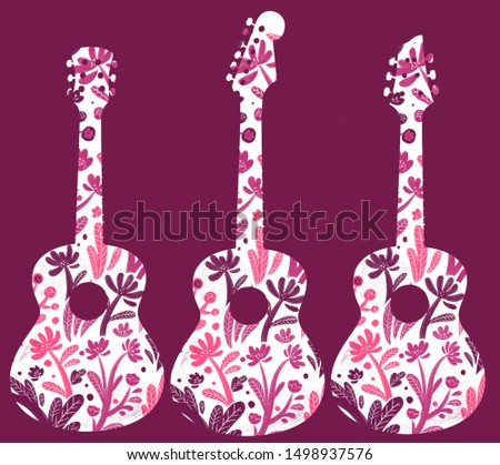Three acoustic guitars with flower pattern over violet background. Hand drawn illustration. Template for greeting cards, webpages, flyers. Jazz band, acoustic music, hippie, music festival concept