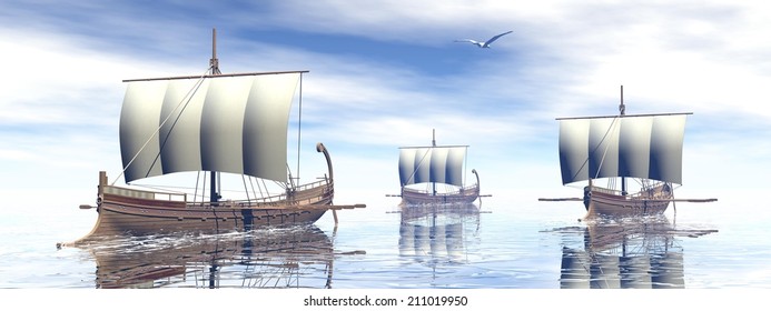 Three Ancient Greek Boats Floating On Stock Illustration 211019950 ...