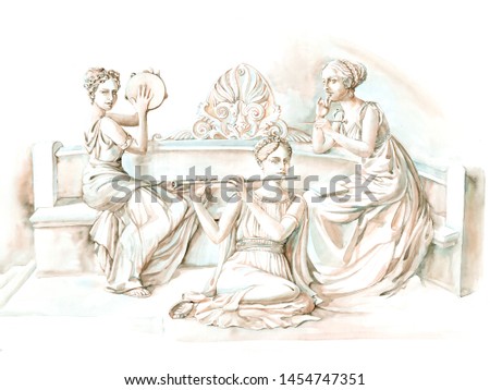 three ancient Greek muses painted in watercolor. goddess in tunics
