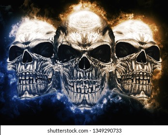 Three Angry Metal Vampire Skulls - Blue And Orange Energy Clouds Around Them - 3D Illustration