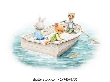 Three animal friends in clothes fox  rabbit   ferret float boat water isolated white background  Ferret rowing and oars  rabbit is talking   fox looking at goldfish  Watercolor