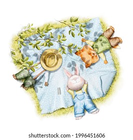 Three Animal Friends In Clothes Fox, Rabbit And Ferret Lie And Enjoy In Summer Day On Blanket In Park Isolated On White Background. Watercolor Hand Drawn Illustration Sketch