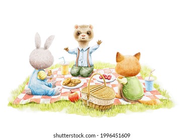 Three animal friends in clothes fox, rabbit and ferret chatting on summer picnic with food on bedspread isolated on white background. Watercolor hand drawn illustration sketch - Powered by Shutterstock