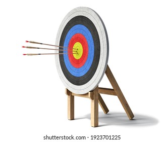 Three arrows hit right the target, archery cncept, 3d illustration