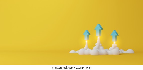 Three arrows soaring on yellow background. Business development to success and growing growth concept. 3d render illustration