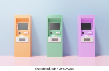 Three ATM Automatic Deposit Machine Orange, Green, Purple With Wall Blue Background. Finance Online Transaction, Copy Space, Banner, Illustration. 3d Rendering