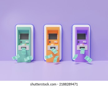 Three ATM Automatic Deposit Machine Green, Orange, Purple On Mobile Phone Money Transfer Banknote Floating With Wall Pastel Background. Finance Online Transaction Illustration. 3d Rendering