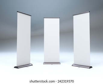 three banners or roll-ups