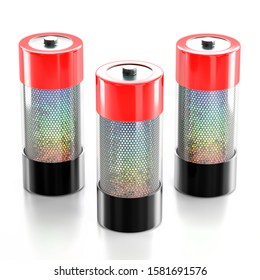 Three batteries made of graphene technology, with colored charging level, isolated on a white background. 3d illustration