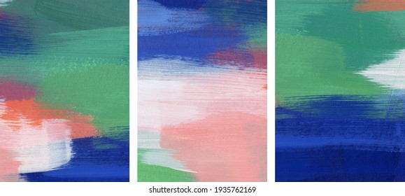 Three beautiful abstract paintings. Versatile artistic backdrops for creative design projects: posters, banners, cards, websites, invitations, wallpapers. Bright colours. Minimalist artworks.