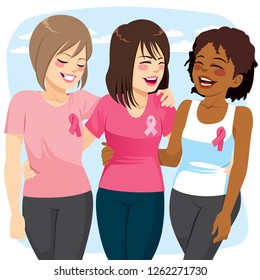 Three beautiful young friends women with pink ribbon breast cancer awareness concept - Powered by Shutterstock