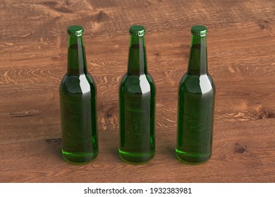 Three beer bottles 500ml mock up on wooden background. Side view. 3d illustration