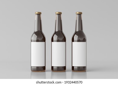 Three beer bottles 500ml mock up with blank label on white background. Front view. 3d illustration