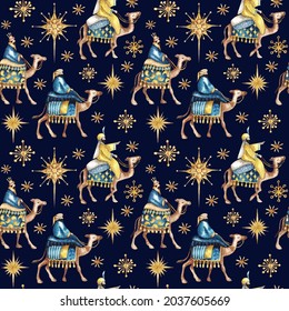 Three biblical Kings (Caspar, Melchior and Balthazar) follow the star. Three wise men on camels. Seamless background pattern. Waterccolor illustration