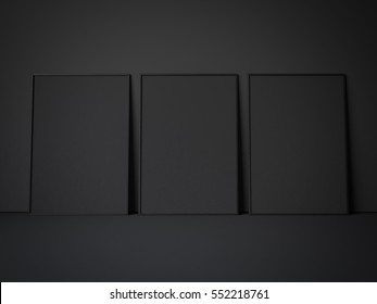 Three black blank frames in a dark room. 3d rendering