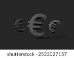 Three black euro symbols floating against a dark background, symbolizing European currency, finance, and global economics. 3D render illustration