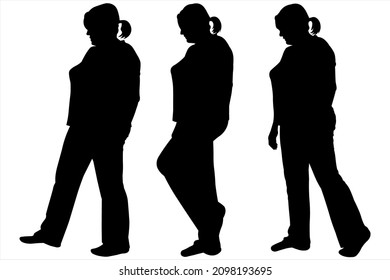 Three Black Female Silhouettes Isolated On White Background. Side View. A Series Of Steps For Animation. Step By Step. Storyboard Of A Walking Woman. Women In Pants, Trousers And A T-shirt, Blouse.