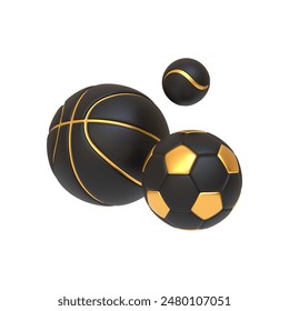 Three black and gold sports balls, including a basketball, soccer ball, and tennis ball, representing elegance in sports. 3D render illustration - Powered by Shutterstock