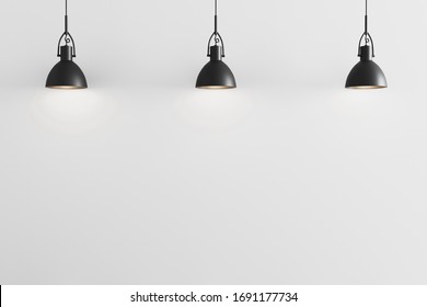 Three black pendant light on white wall background, ceiling lights, white wall with pendant lights mockup, 3d rendering