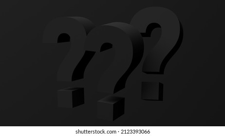 Three black question marks. Black background. Abstract monochrome illustration, 3d render.