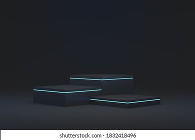 Three Black Square Podium With Backlight. Empty Stand. 3D Rendering Illustration For Advertising. Presentation Stand On A Black Background.