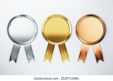 Three blank award ribbons in silver, gold, and bronze on a clean background. 3D Rendering - Powered by Shutterstock