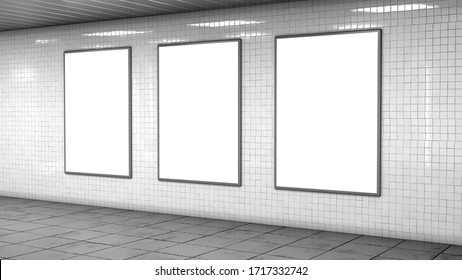 Three Blank Billboard Lightboxes Or LCD Screens On White Tiles Wall. Empty Street Advertising Signboards In Room. 3D Illustration