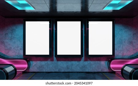 Three Blank Billboards On Underground Subway Wall Mockup. Hoardings Advertising Triptych In Glowing Neon Lights Interior 3D Rendering